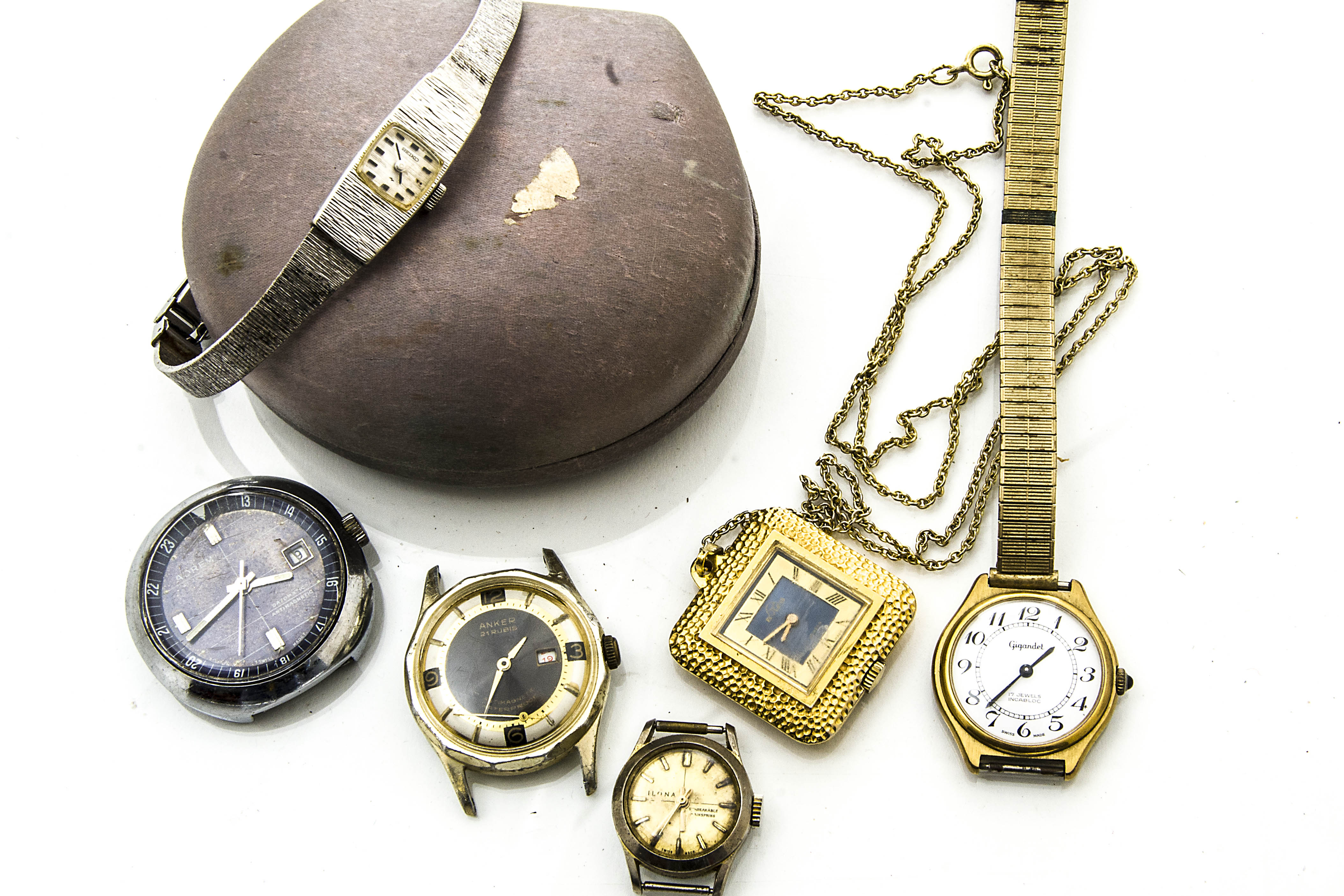Six vintage and modern watches, including an Adrem Datomatic, an Anker, a Seiko in box, and three