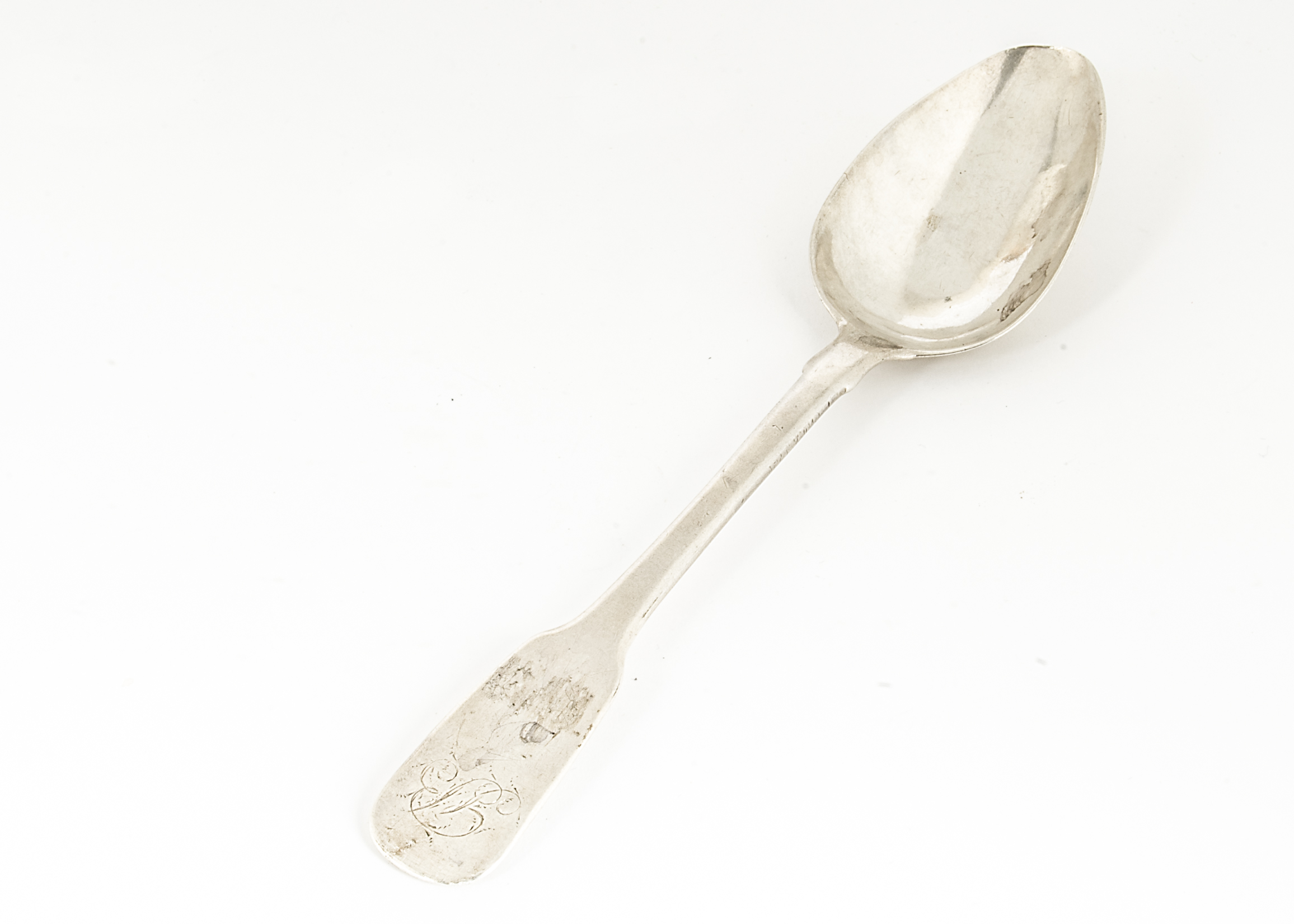 An antique Maltese silver tablespoon by Joseph Le Brun, c1780, fiddle pattern, with engraved