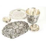 Five vintage and modern white metal items, including a silver cup from Greece with bulls, marked