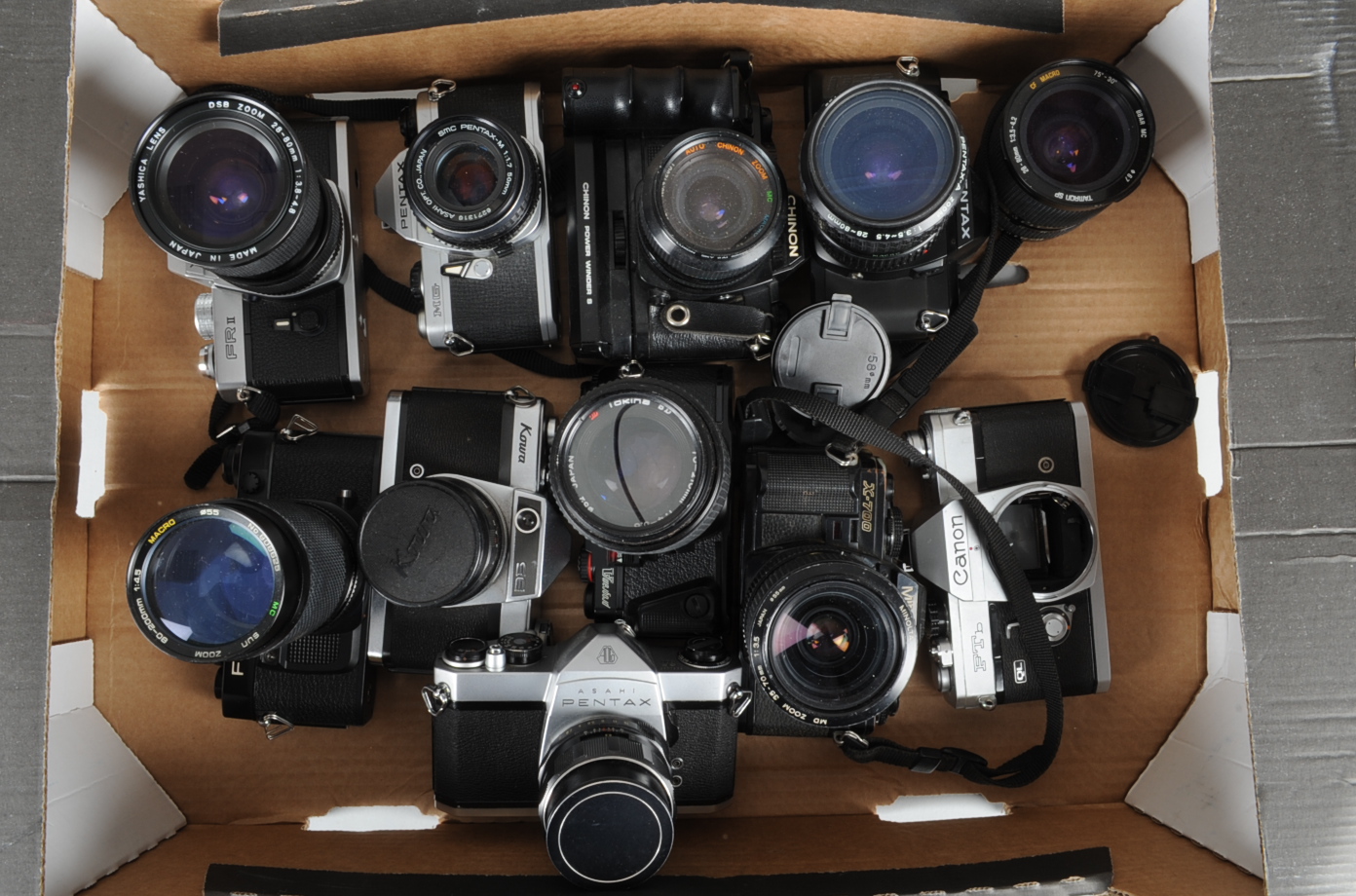 A Tray of SLR Cameras, including a Konica FC-1, Kowa SE, Yashica FR-II, Pentax Program A, Asahi SP