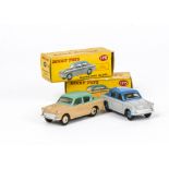 Dinky Toys 175 Hillman Minx Saloon, two examples, first grey lower body, mid-blue roof and hubs,