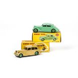 Dinky Toys 151 Triumph 1800 Saloon, fawn body, green hubs, 158 Riley Saloon, pale green body, mid-