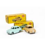 Dinky Toys 160 Austin A30 Saloon, two examples, first turquoise body, smooth grey plastic wheels,