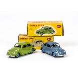 Dinky Toys 181 Volkswagen Saloon, two examples, first greyish blue body, mid-blue hubs, second