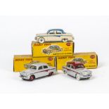 Dinky Toys 176 Austin A105 Saloon, three examples, first grey body, red flash and hubs, second