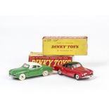 Dinky Toys 187 Volkswagen Karmann Ghia Coupe, two examples, first green body, cream roof, spun hubs,