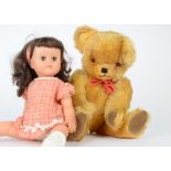 1950s Teddy and British made plastic Doll, 1950s-60s jointed Teddy Bear with gold fur and working