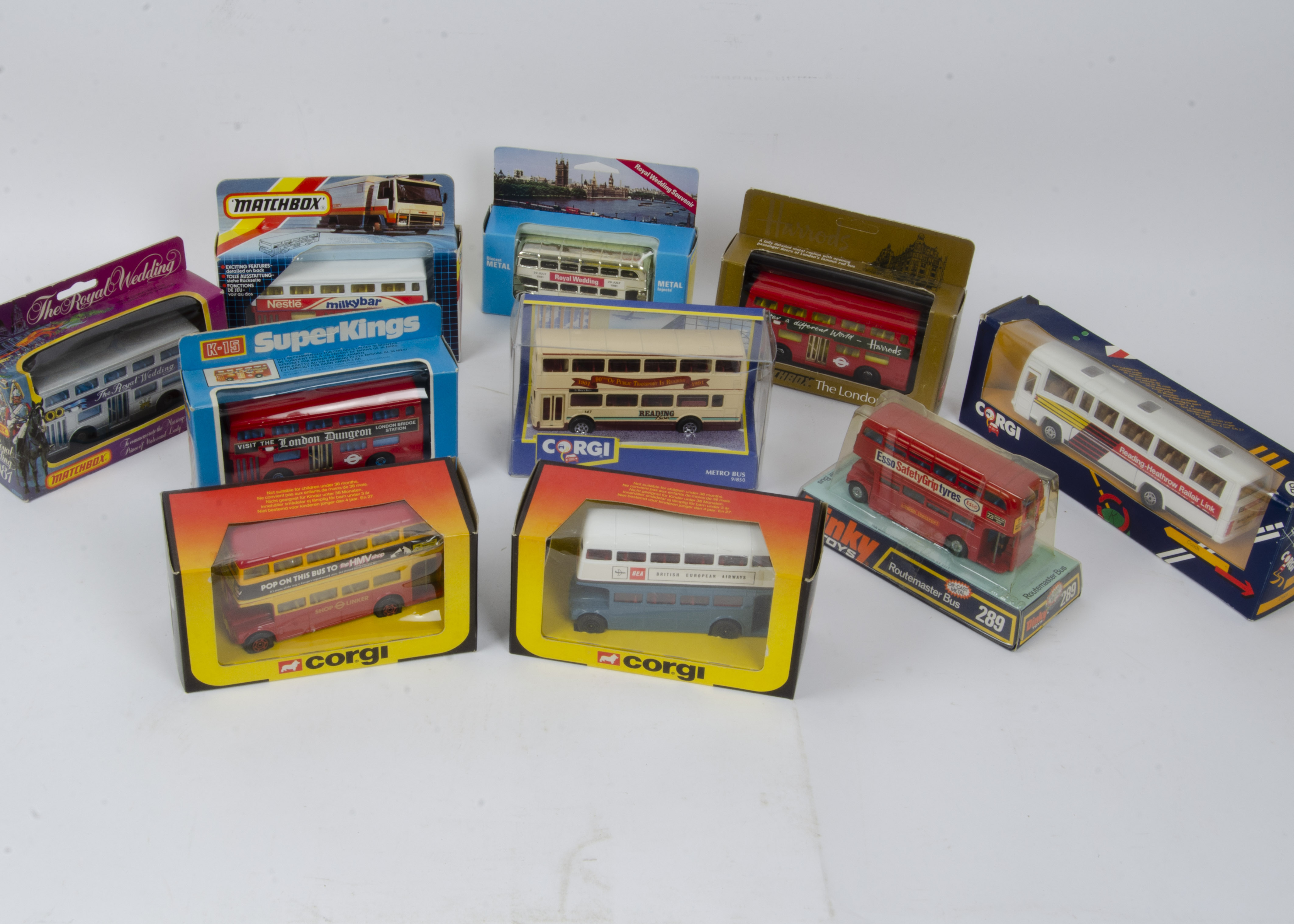 Dinky and Other Buses and Coaches, a boxed group including Dinky 289 Route Master (bubble packed),