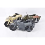 Five Cherilea for Action Man German Motorcycles and Sidecars, most repainted, khaki (3), grey (2)