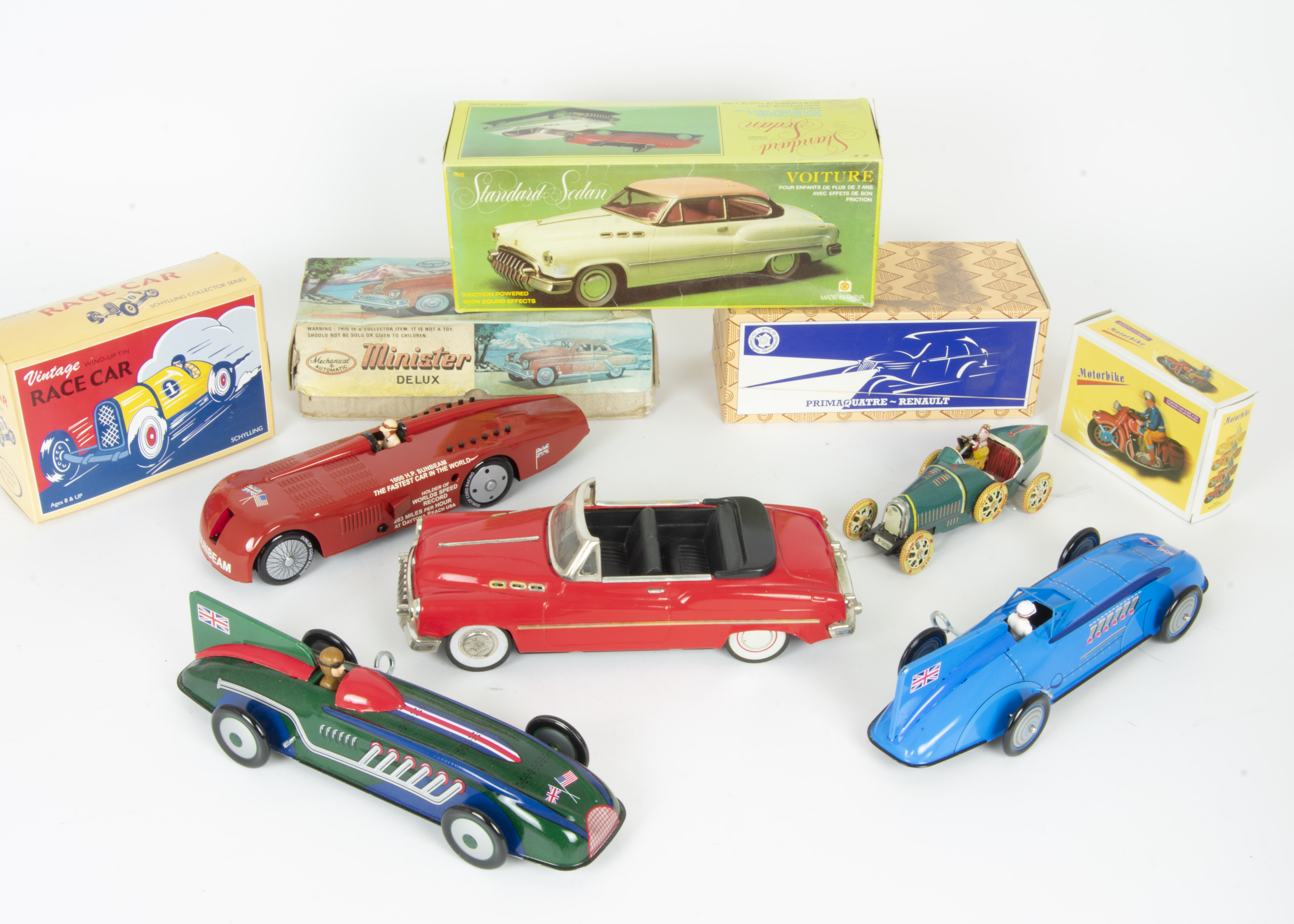 Modern Chinese Tinplate Vehicles, Minster Deluxe Saloon Car, Paya 1905 Racing car, Schylling Capt