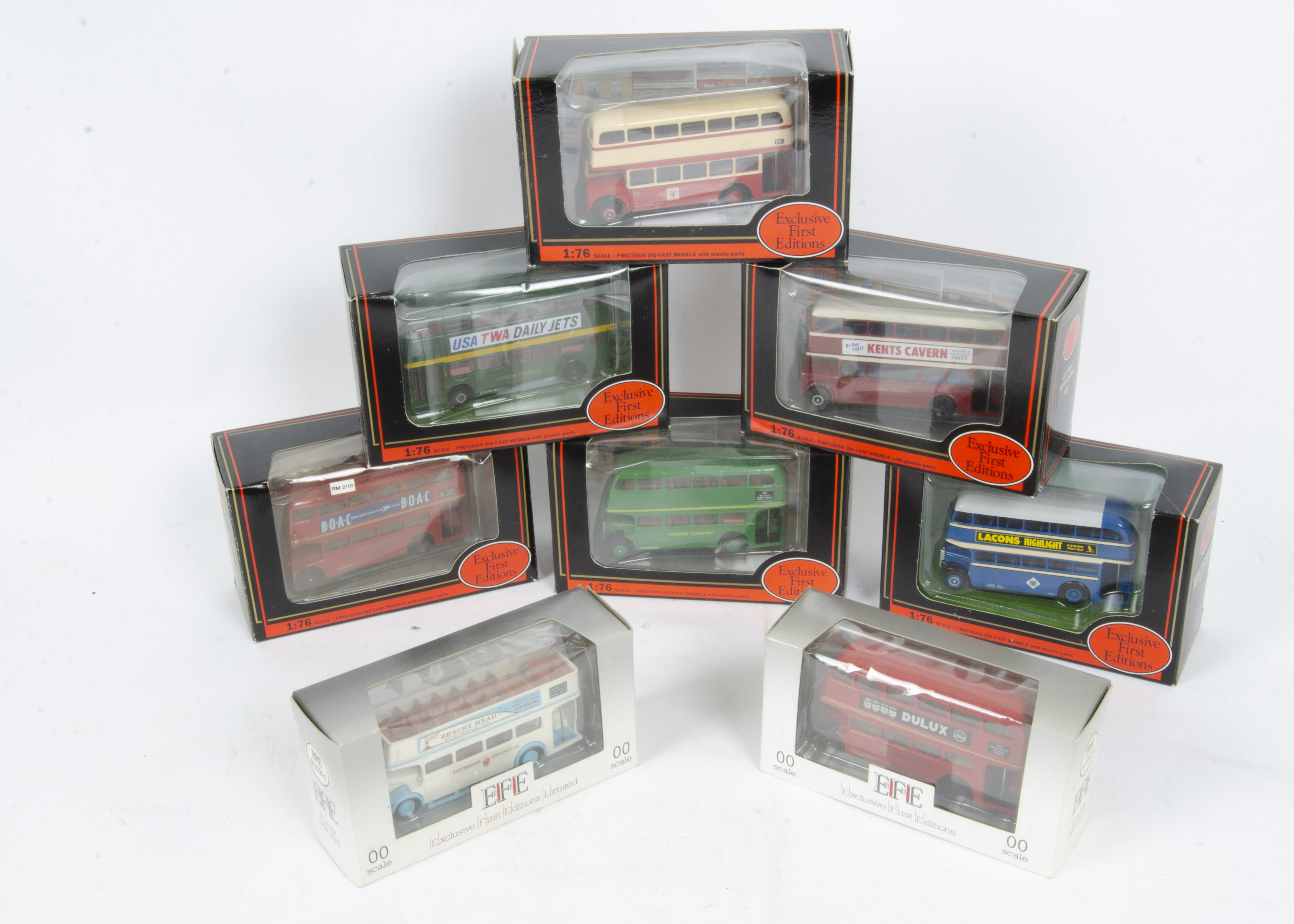 Exclusive First Editions, a boxed collection of vintage and modern double decker buses, including