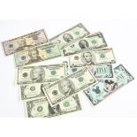 Twn United States of America bank notes, including two $1 with consecutive numbers, two $10 with