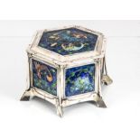 A good Arts & Crafts silver and enamelled casket, hexagonal and of riveted construction, on six