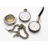 Two silver open faced pocket watches and a silver watch chain, the heavy curb link chain weighing