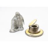 An Art Deco silver and yellow enamel capstan inkwell, AF, together with a modern silver filled group
