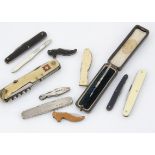 A collection of ten collectable pocket knives, one silver fish with knife and button hook, a