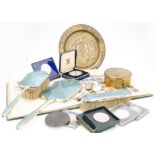 A three piece silver and enamelled dressing set, AF, together with two Malawi silver coins, a US