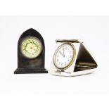 Two small early 20th century British silver clocks, one a folding cased travel clock by Adie Bros,