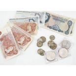 A small group of British bank notes, all circulated, including three O'Brien £5, a Page £5, a