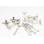 A small collection of silver and silver plate, including a cut glass and silver mounted small