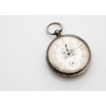 A Victorian silver open faced pocket watch, silvered engraved dial, appears to run