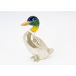 A modern silver and enamelled duck from Mappin & Webb, modelled as a mallard, 4.95 ozt and 10cm high
