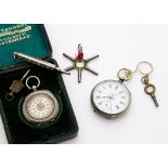 Two late 19th century silver ladies pocket watches, one with wide textured bezel in a box, also a