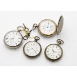 Four Victorian silver and white metal open faced pocket watches, one full hunter, another Art