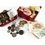 A collection of British and World coins, in several small boxes, including a 1797 cartwheel two