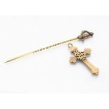 A 15ct gold turquoise and seed pearl stick pin, in the form of a sword, 7cm together with a 9ct gold