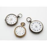 Three ladies open faced pocket watches, one a gold plated Waltham, the other two in silver cases (3)