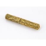 An early 20th century Middle Eastern gilt filigree case, the copper wirework two part cylindrical