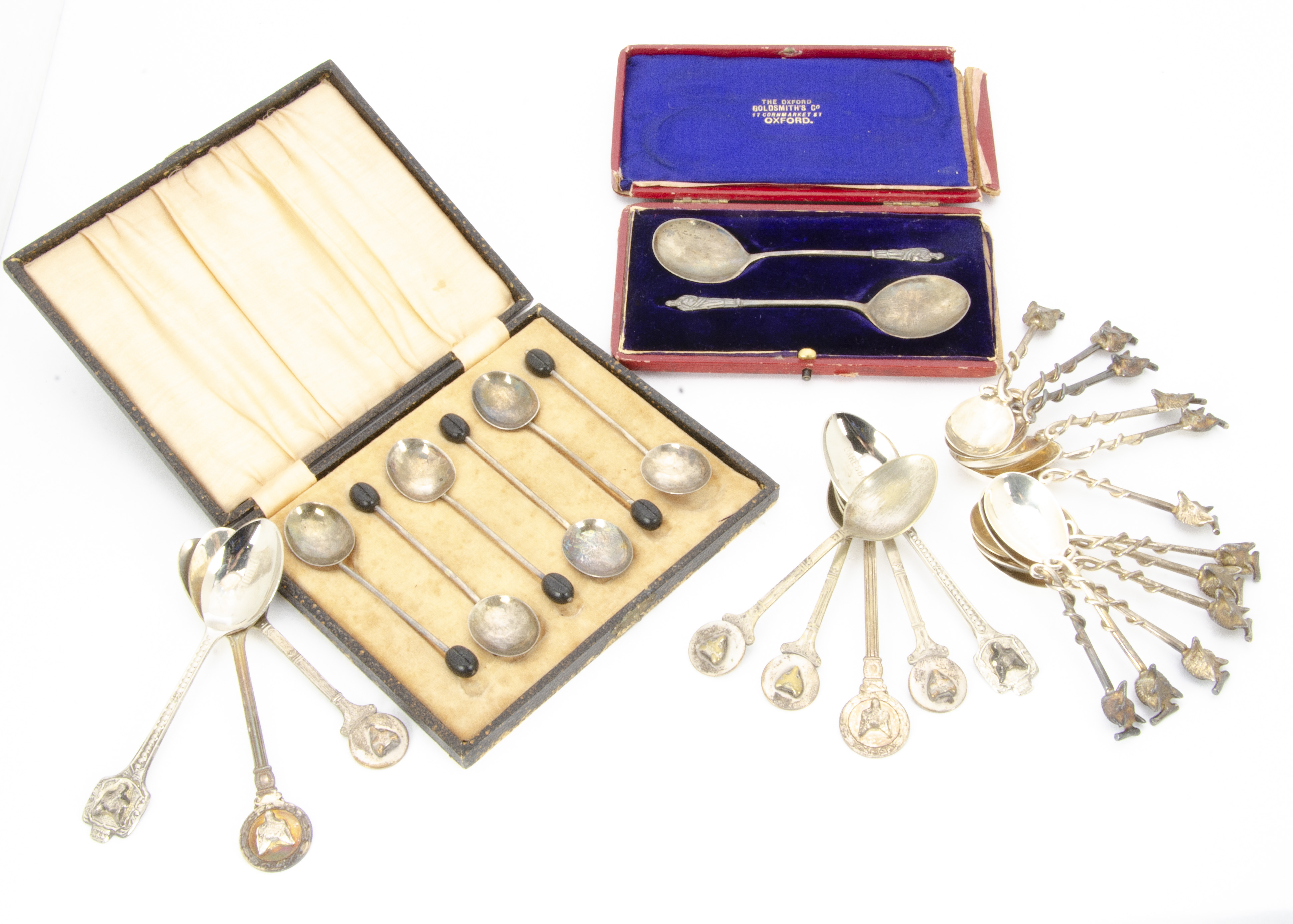 Of Fox Hunting Interest: A set of twelve teaspoons by A.E. Jones, with fox head and riding crop