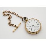 A late 19th century 14ct gold open face pocket watch, 52mm case, dented, not running, supported on a