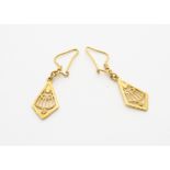 A pair of continental yellow metal earrings, of pierced lozenge shape, with hoop backs marked 916,