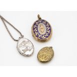 A contemporary silver locket and silver chain, a 19th Century gold fronted and enamel locket and