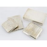Three silver cigarette cases and a cigarette box, the plain box dating from the Victorian period and