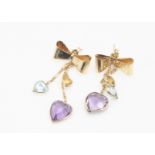 A pair of gold and multi gem set drop earrings, the heart cut amethyst, aquamarines and citrines