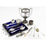 A collection of Victorian and later silver and silver plated items, including a damaged silver