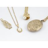 A quantity of gold chains, and pendants, two set with cultured pearls, and another with gold fronted