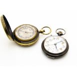 An early 20th century gun metal open faced pocket watch, appears to run, together with a brass T.