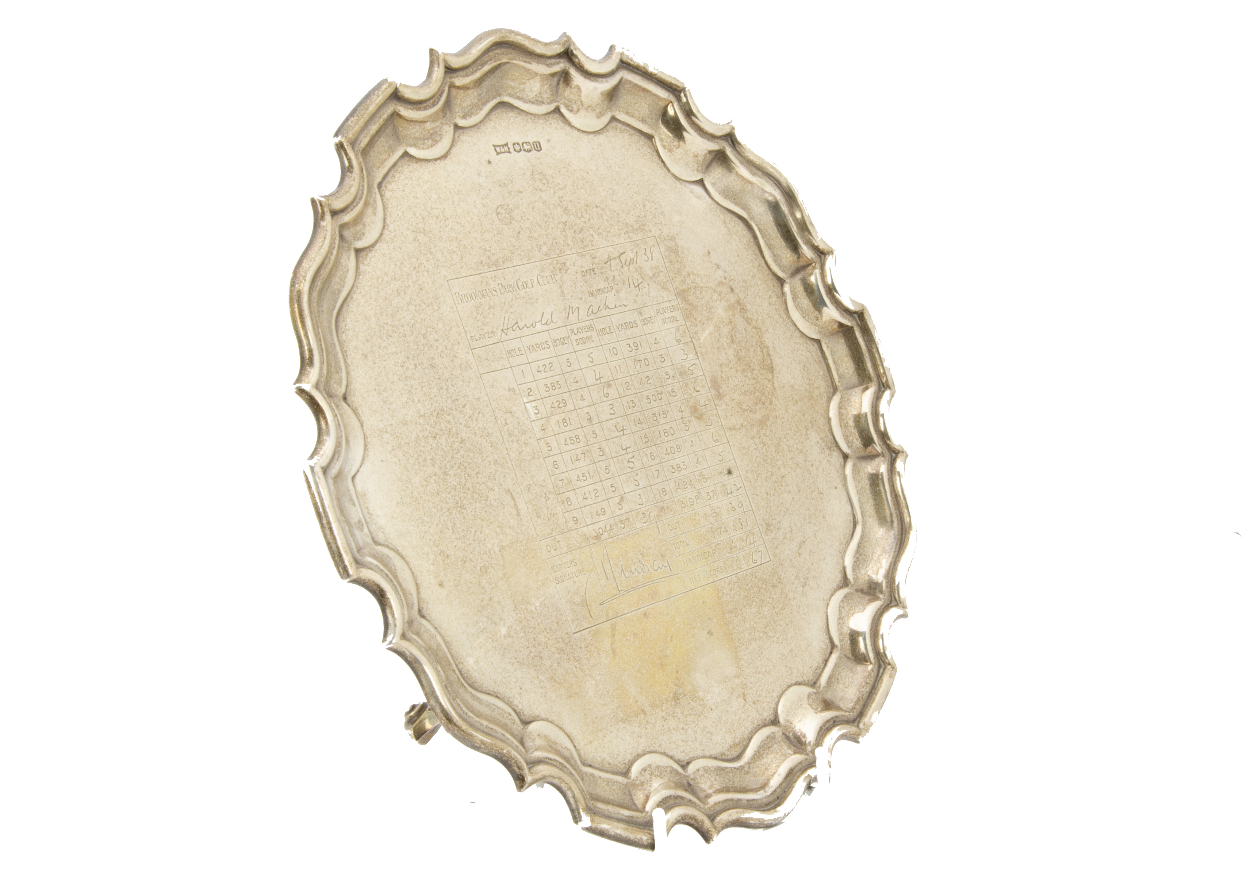 A George V silver presentation salver by Walker & Hall, bearing engraved golf scorecard and