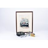 Andy Danks, watercolour of a racing Jaguar, together with a Jaguar mascot, chromed ashtray with