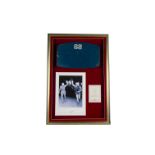 Wembley, a framed blue painted wooden seat back from Wembley 1966, No. 68, with COA, 1598/2000, with