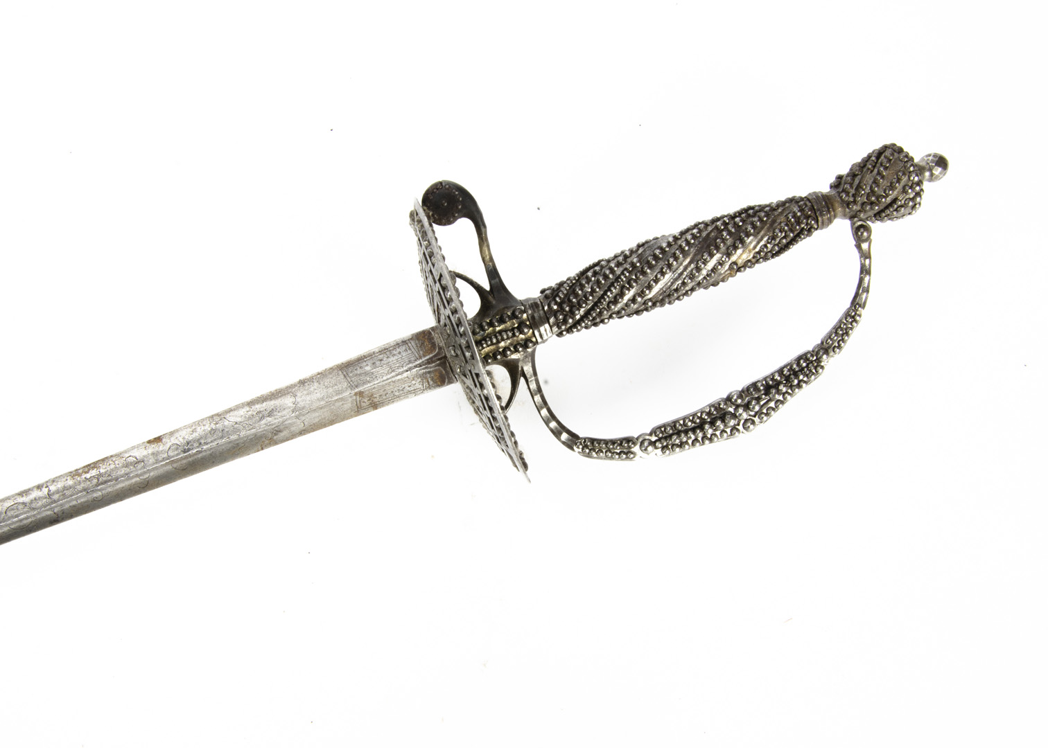 A Cut Steel Court Sword, having etched triform fullered blade, dish guard and D hand guard covered