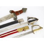 Two Middle Eastern Talwar style swords, together with a re-enactment style double edged sword,