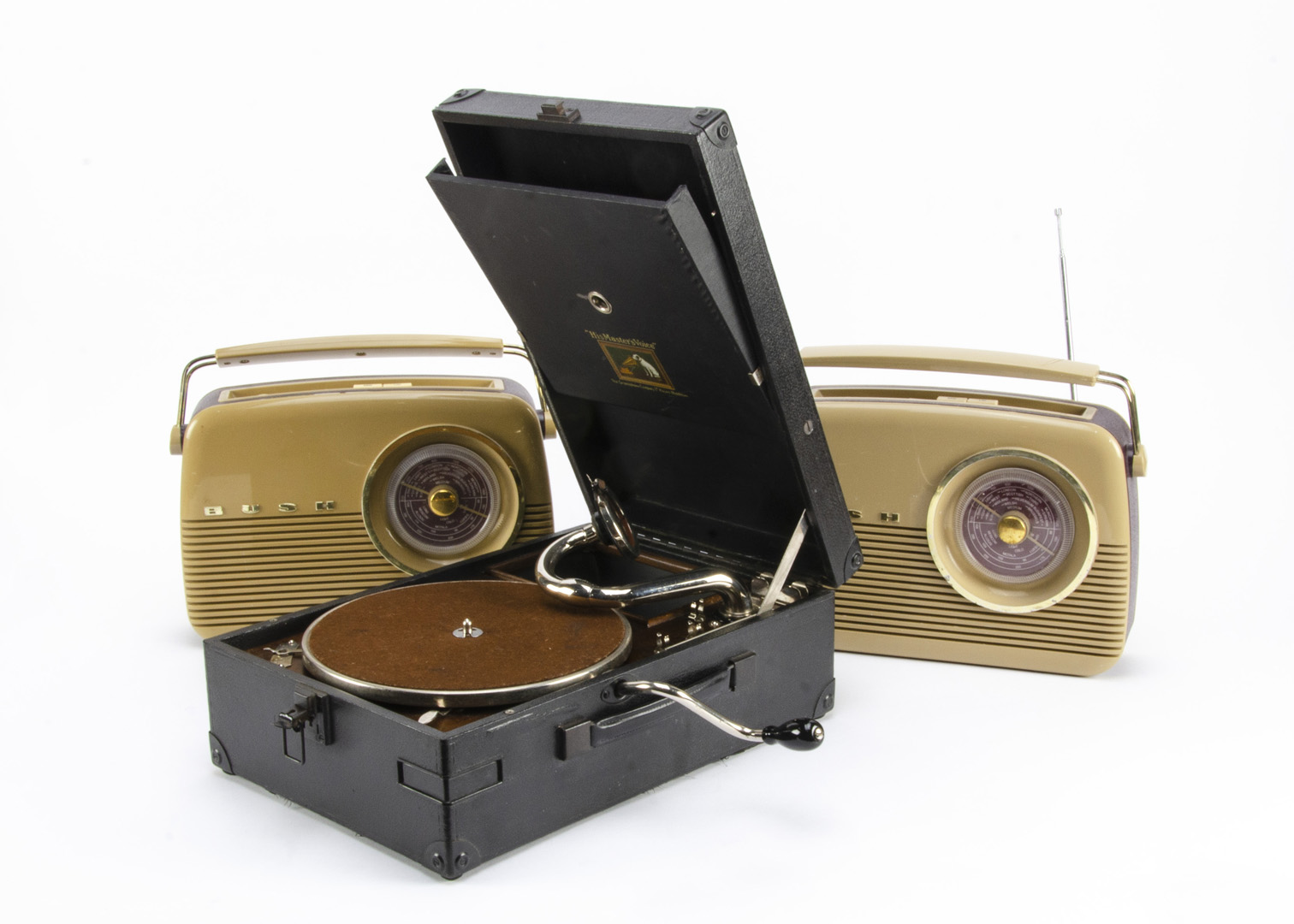 A portable gramophone, HMV model 101J, with No. 4 soundbox, in black case (in good condition, but