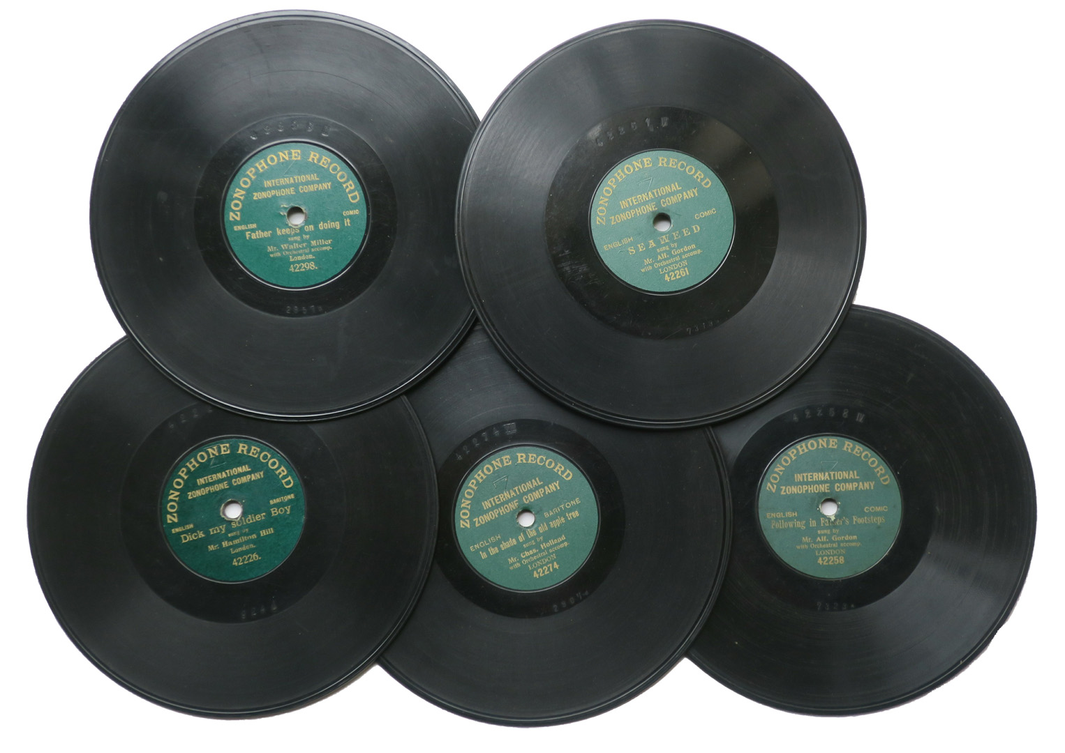 7-inch Zonophone records, five, green label, by Alf Gordon (2), Chas. Holland, Hamilton Hill, Walter