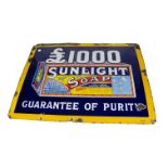 Original Enamelled Sunlight Soap Advertising Sign, blue and yellow enamel pictorial example,