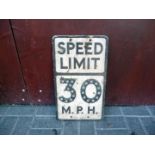 Original Pre Warboys Road Sign, an alloy example black on white Speed Limit 30 MPH with